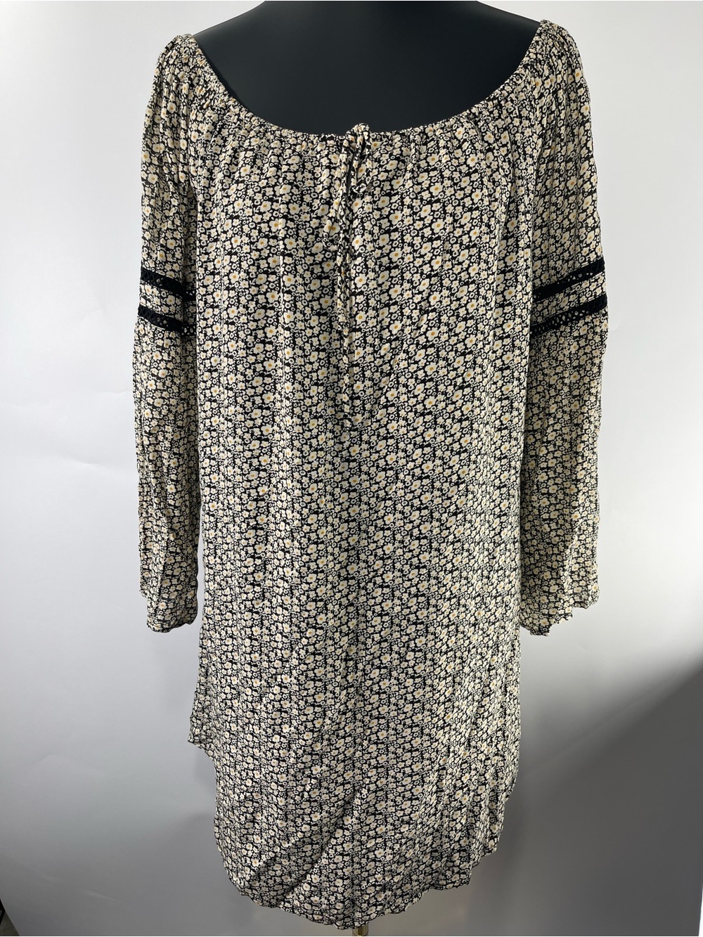 Natural Life Black Floral Peasant Bell Sleeve Boho Mini Dress Medium